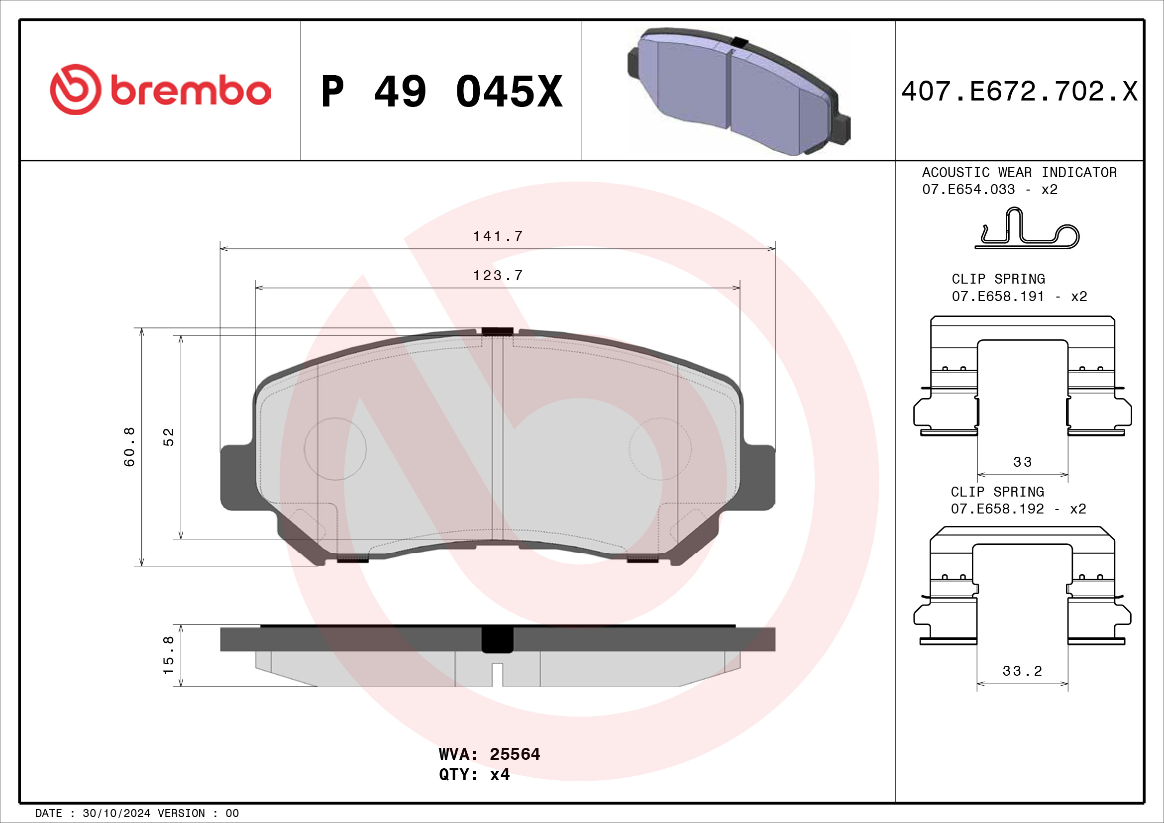 Jogo de 4 pastilhas de travão BREMBO ref. P 49 045X