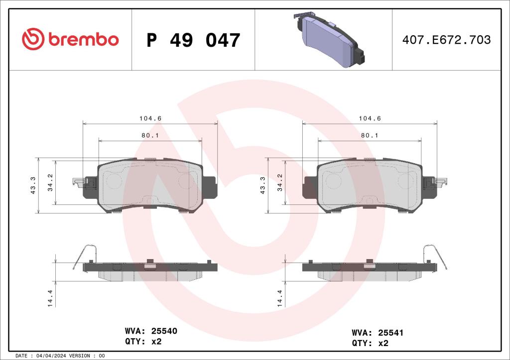 Jogo de 4 pastilhas de travão BREMBO ref. P 49 047
