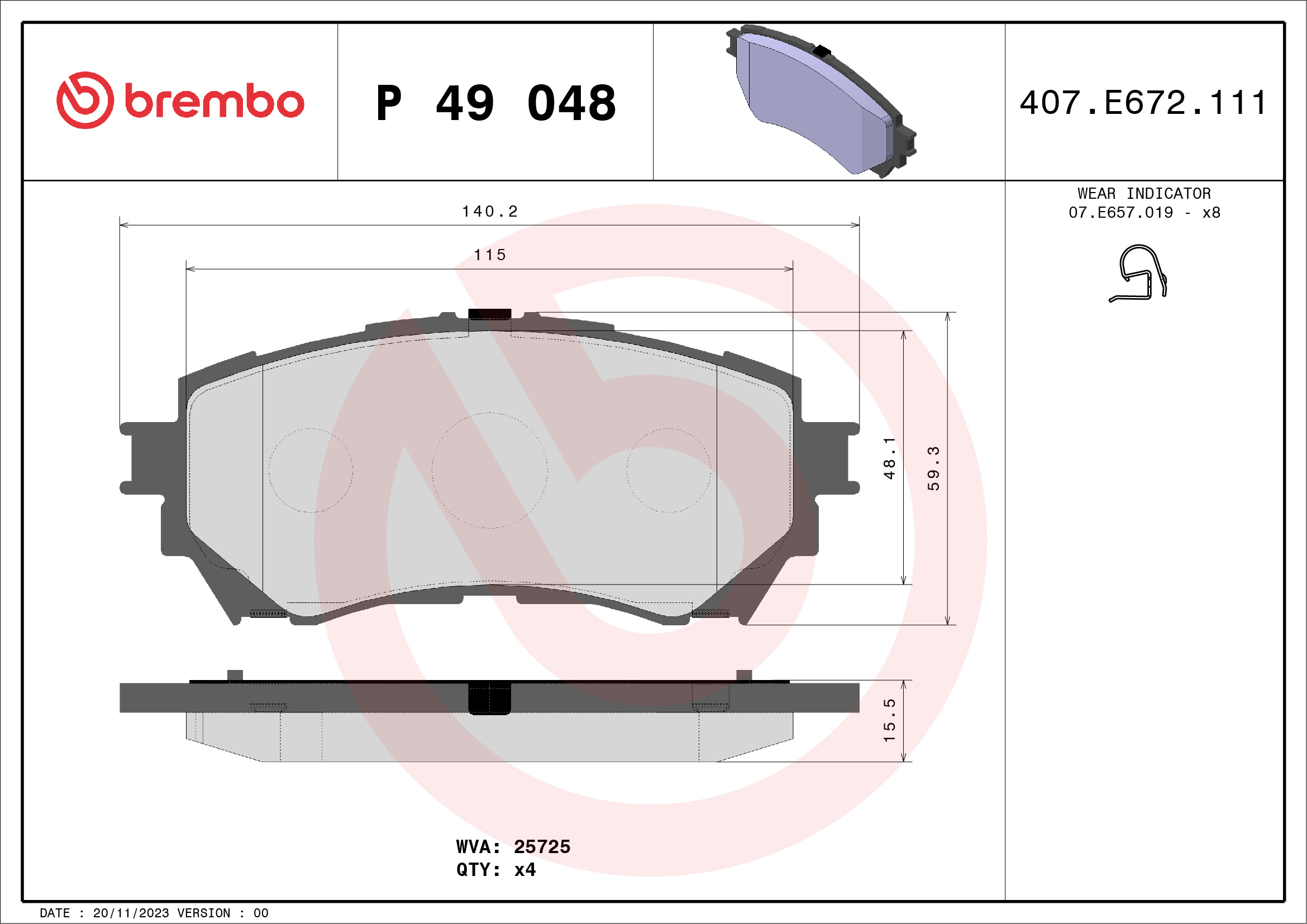 Jogo de 4 pastilhas de travão BREMBO ref. P 49 048