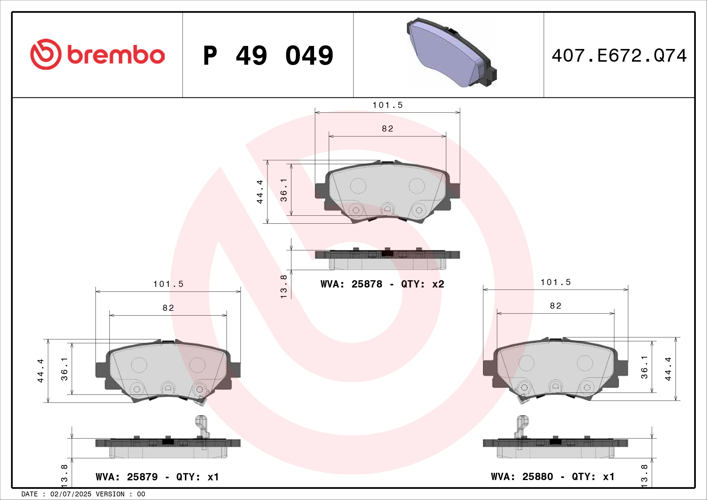 Jogo de 4 pastilhas de travão BREMBO ref. P 49 049