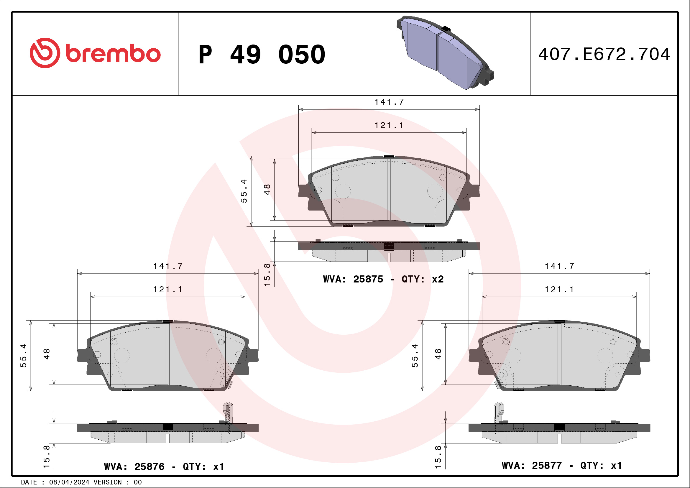 Jogo de 4 pastilhas de travão BREMBO ref. P 49 050