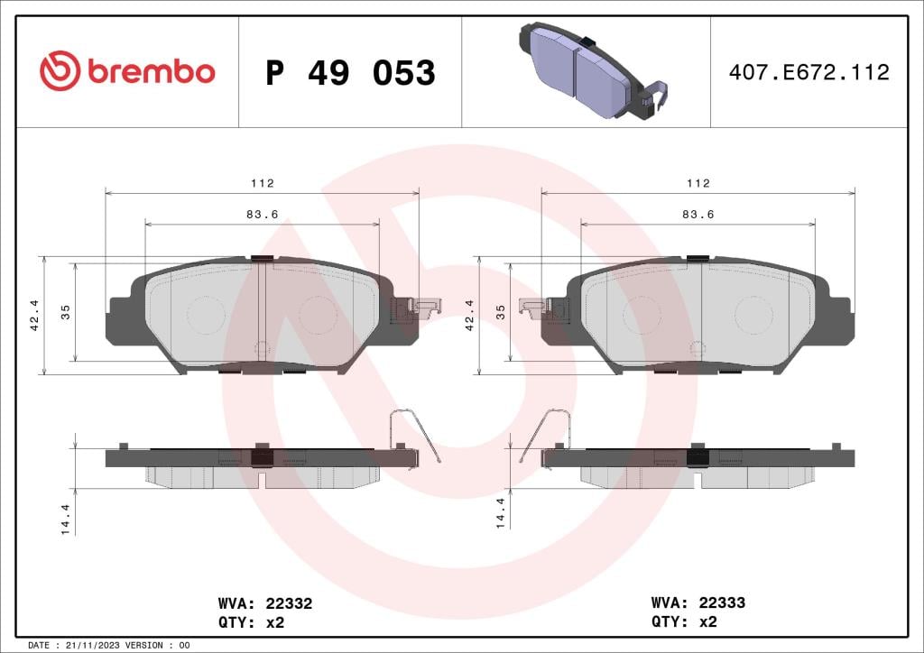 Jogo de 4 pastilhas de travão BREMBO ref. P 49 053