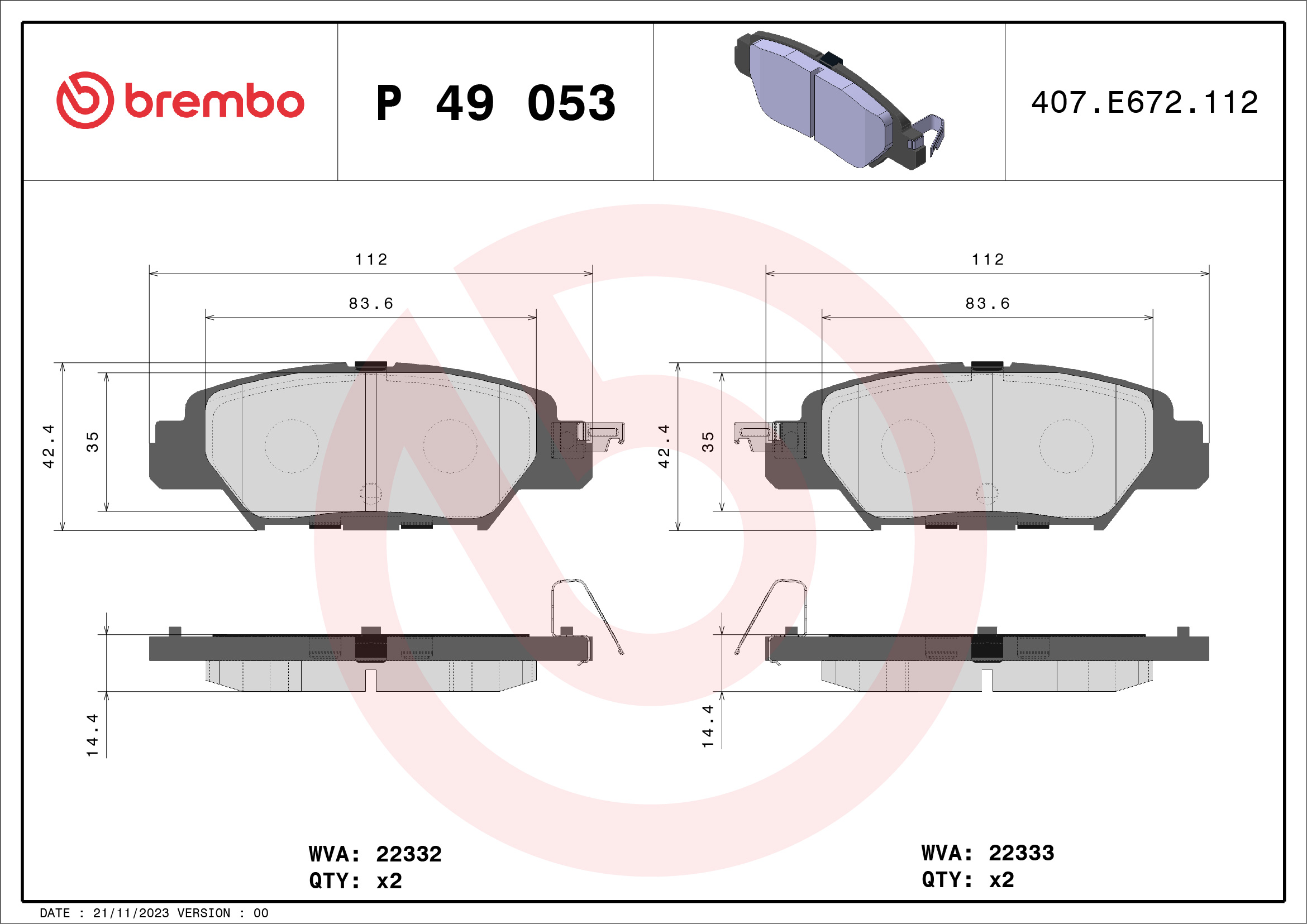 Jogo de 4 pastilhas de travão BREMBO ref. P 49 053