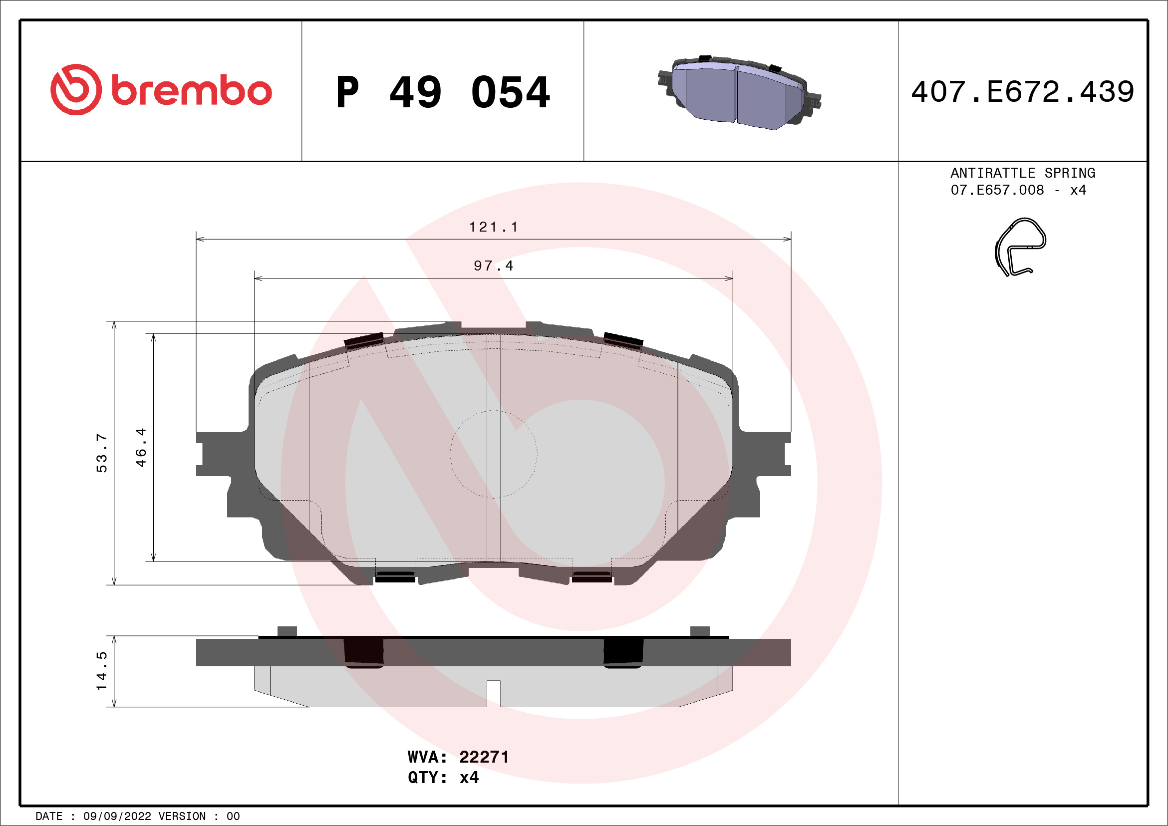 Jeu de 4 plaquettes de frein BREMBO ref. P 49 054