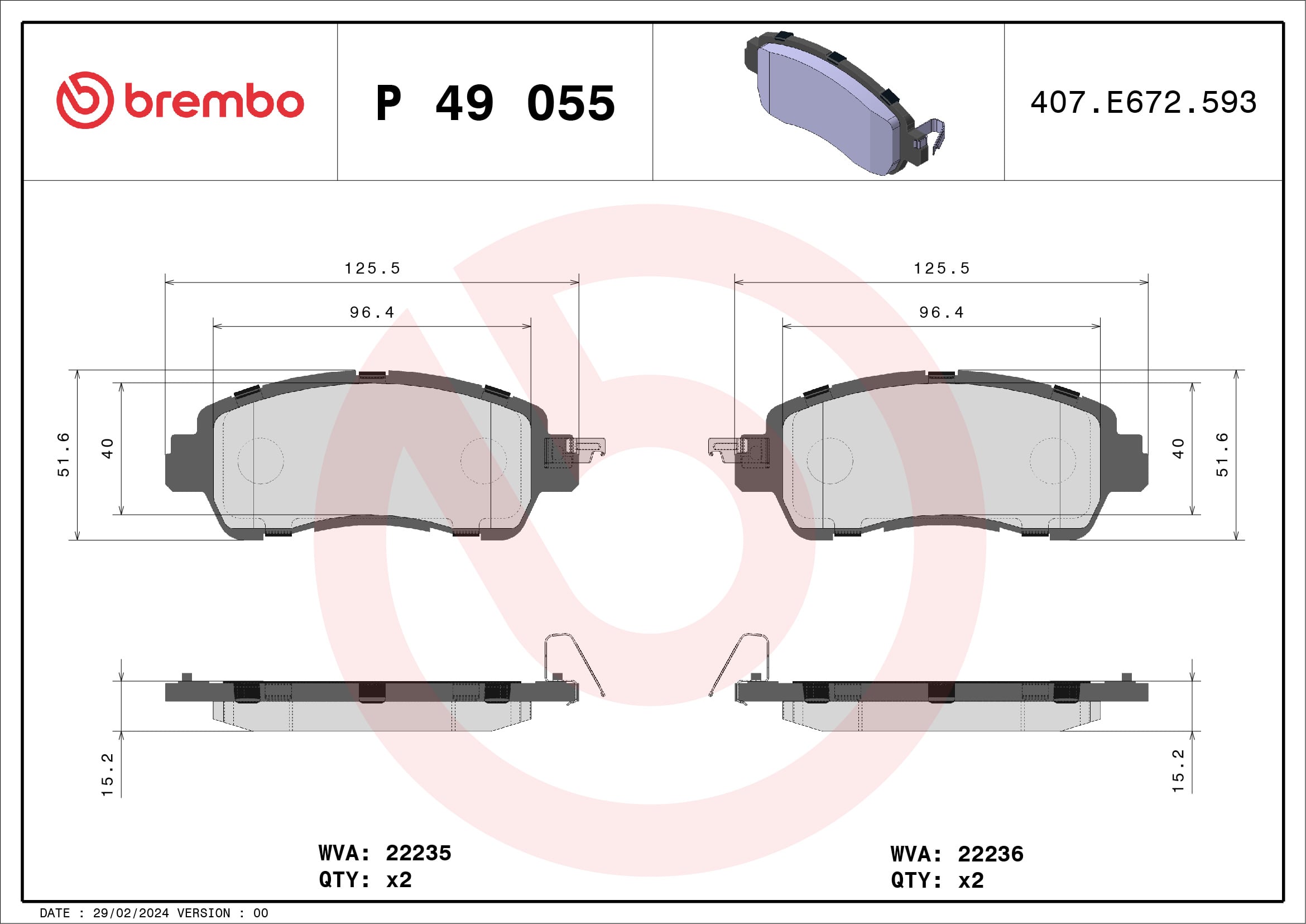 Jeu de 4 plaquettes de frein BREMBO ref. P 49 055