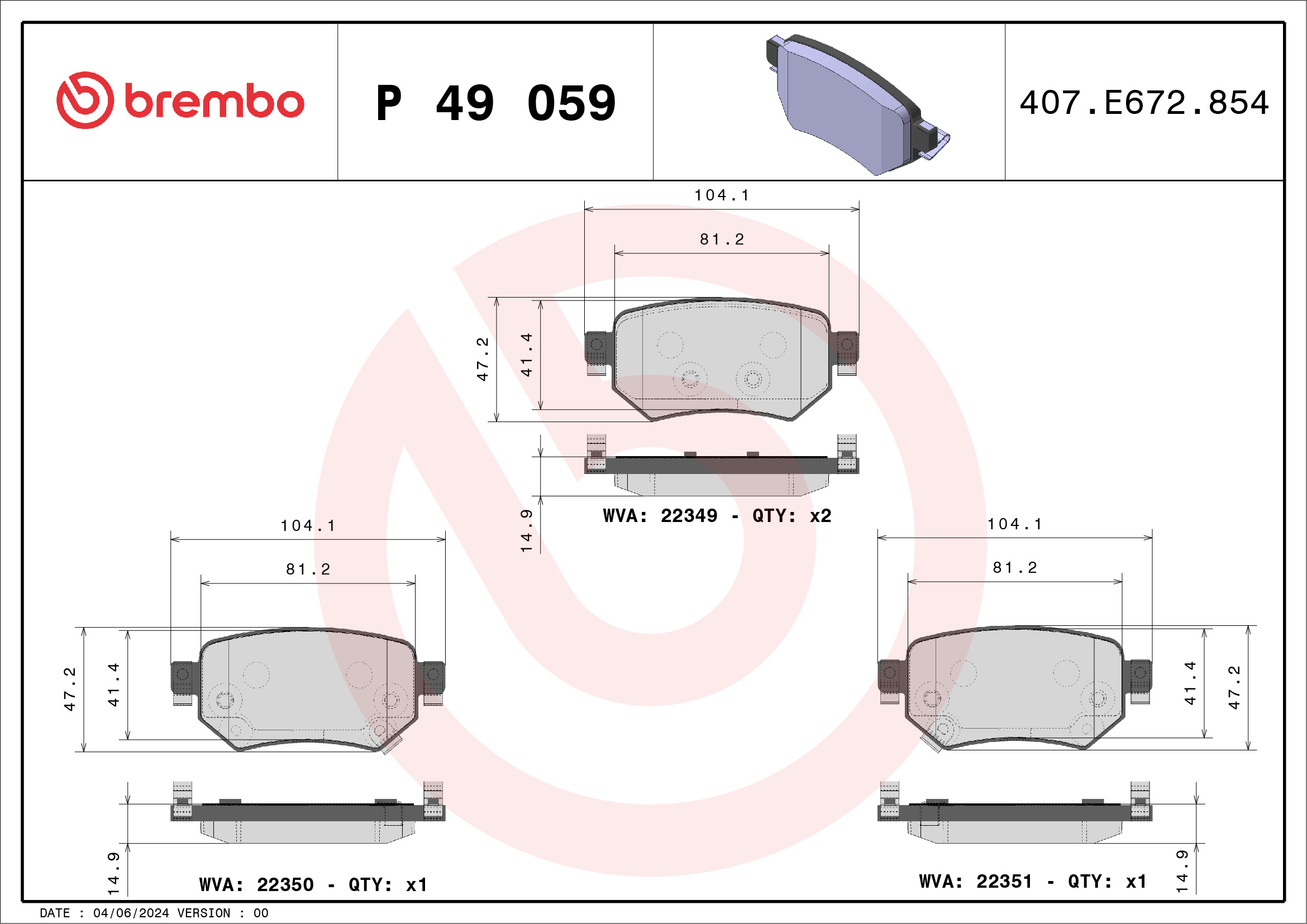 Jeu de 4 plaquettes de frein BREMBO ref. P 49 059