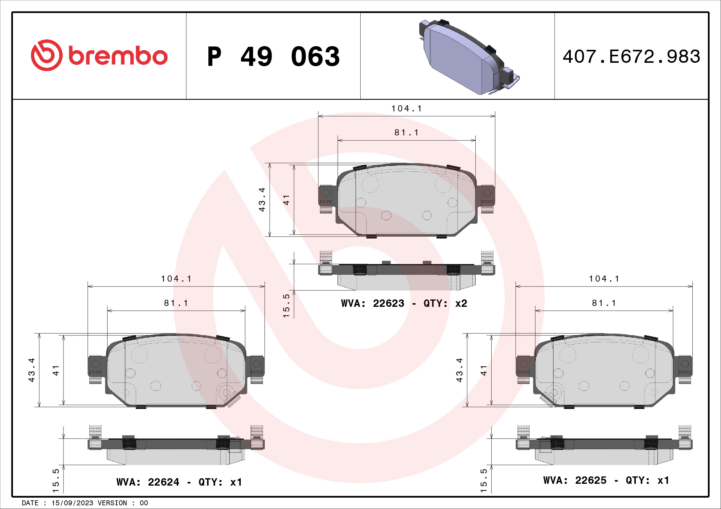Jogo de 4 pastilhas de travão BREMBO ref. P 49 063