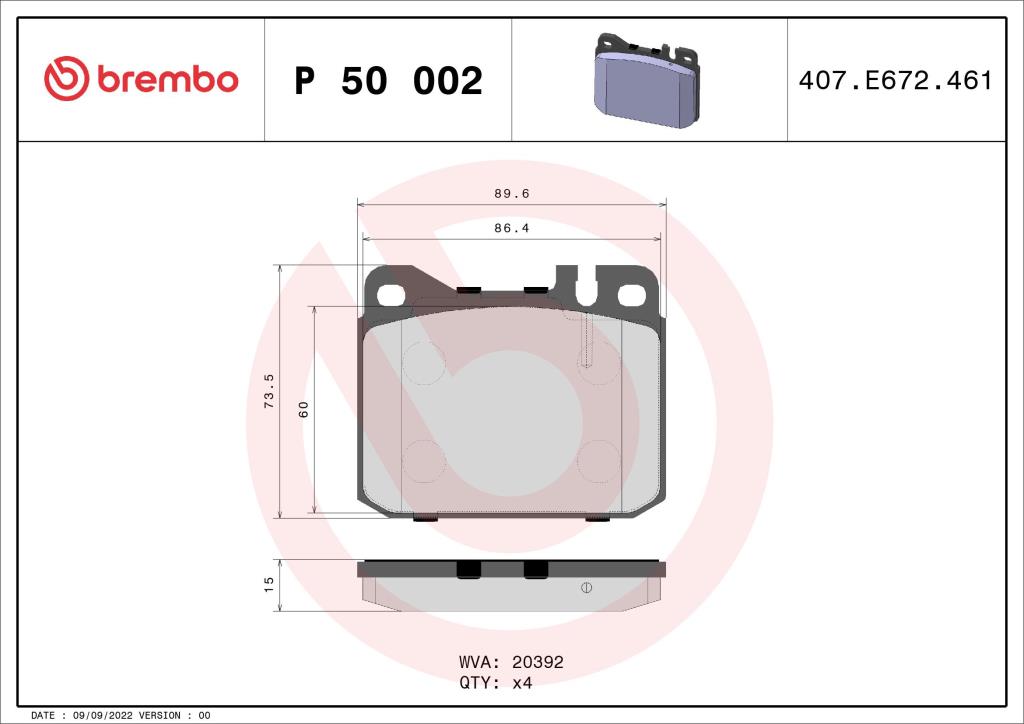 Jogo de 4 pastilhas de travão BREMBO ref. P 50 002