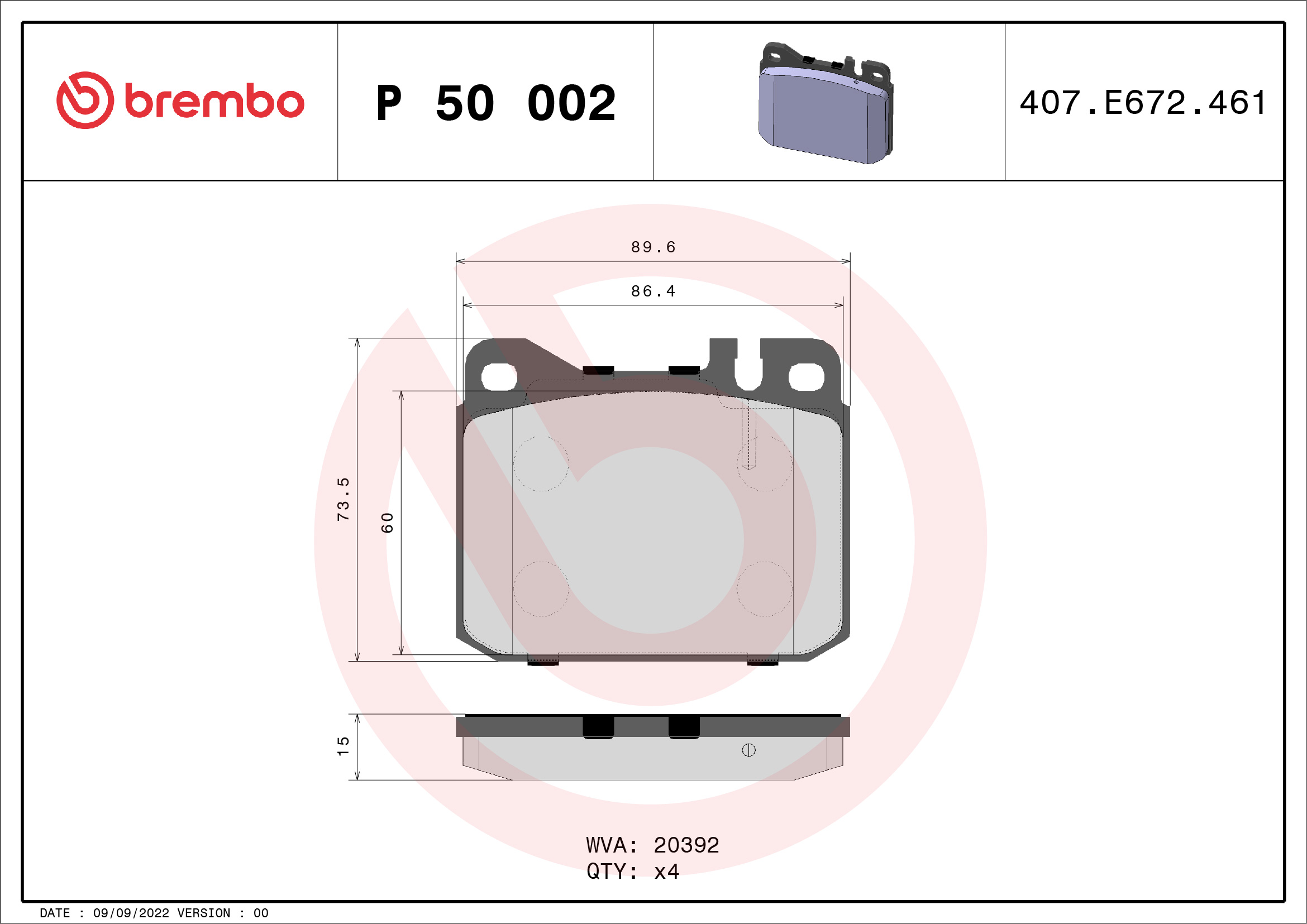 Jogo de 4 pastilhas de travão BREMBO ref. P 50 002