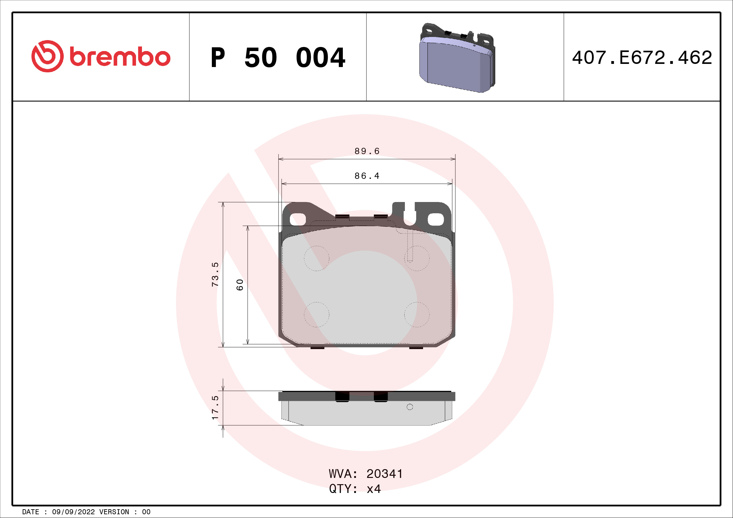 Jogo de 4 pastilhas de travão BREMBO ref. P 50 004