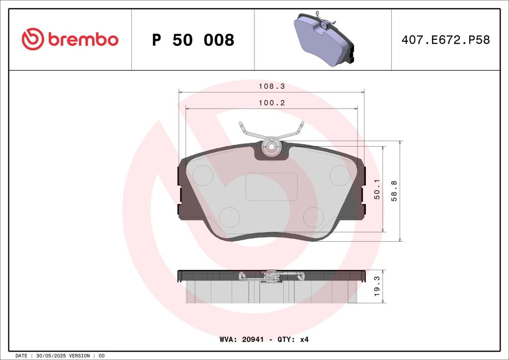Jeu de 4 plaquettes de frein BREMBO ref. P 50 008