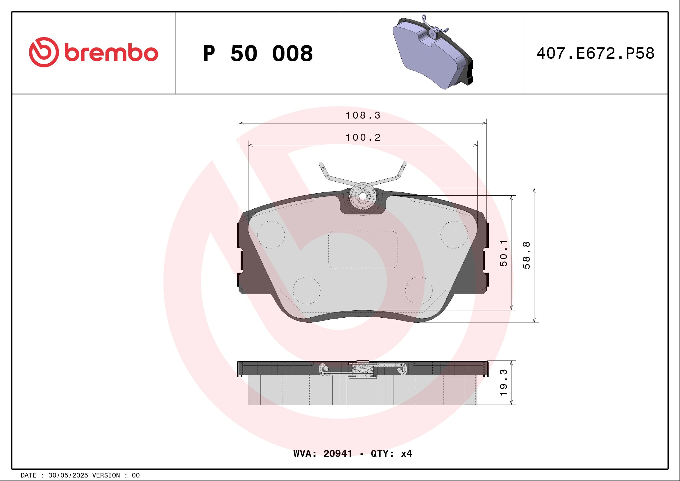 Jeu de 4 plaquettes de frein BREMBO ref. P 50 008