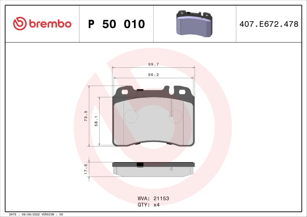 Jogo de 4 pastilhas de travão BREMBO ref. P 50 010