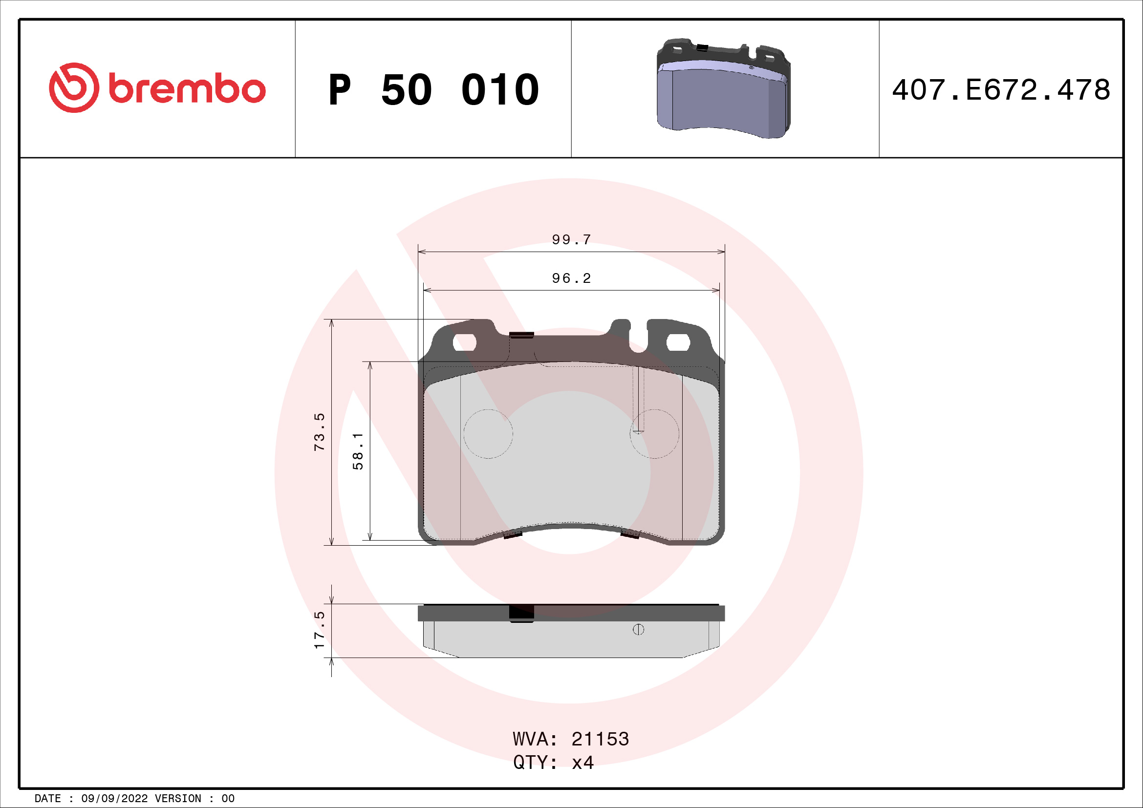 Jogo de 4 pastilhas de travão BREMBO ref. P 50 010