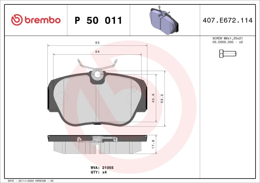 Jogo de 4 pastilhas de travão BREMBO ref. P 50 011