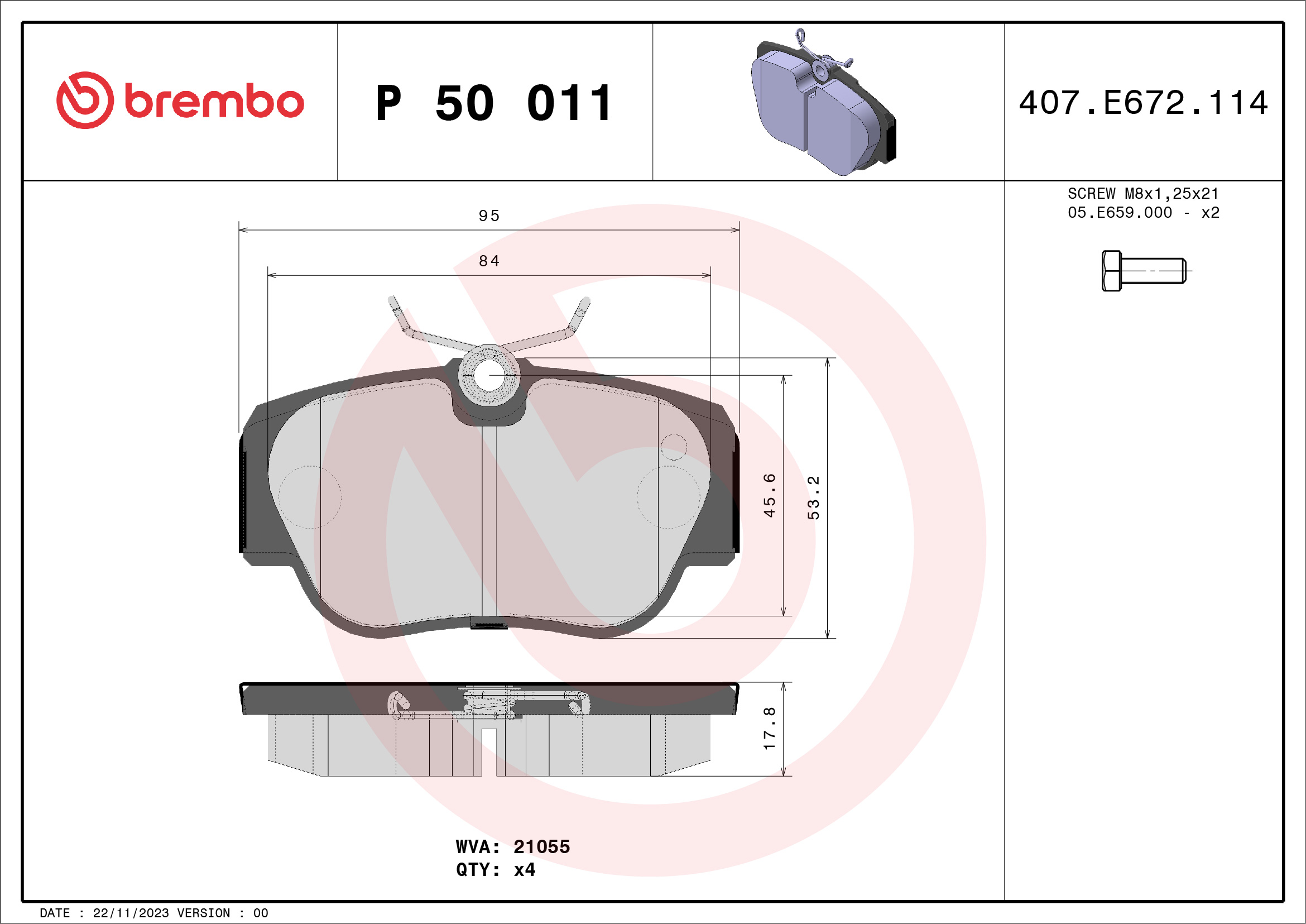Jogo de 4 pastilhas de travão BREMBO ref. P 50 011