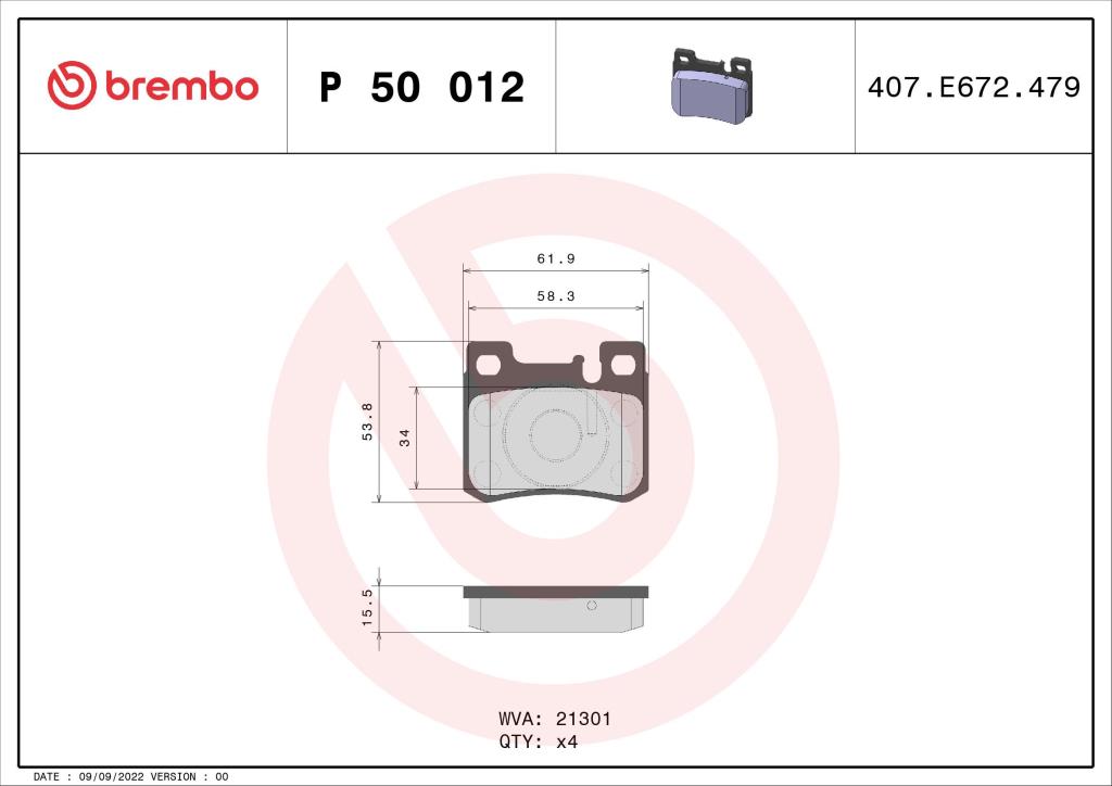 Jogo de 4 pastilhas de travão BREMBO ref. P 50 012