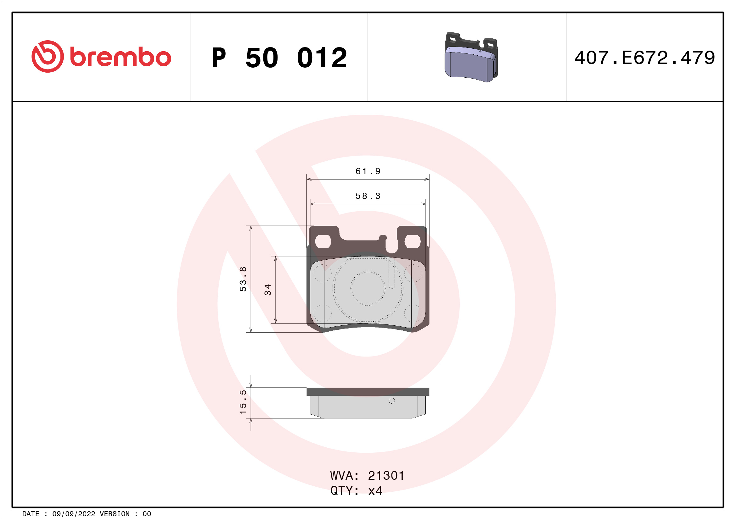 Jogo de 4 pastilhas de travão BREMBO ref. P 50 012