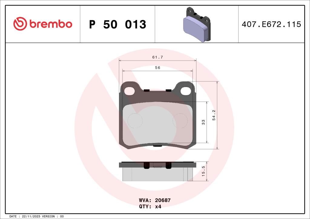 Jeu de 4 plaquettes de frein BREMBO ref. P 50 013