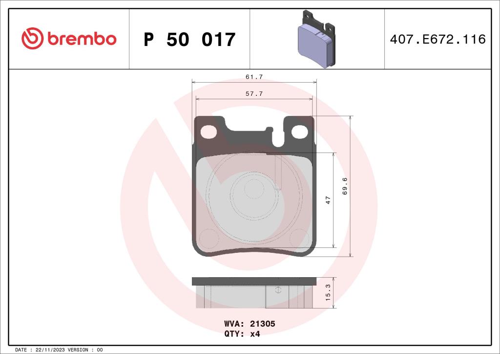 Jogo de 4 pastilhas de travão BREMBO ref. P 50 017