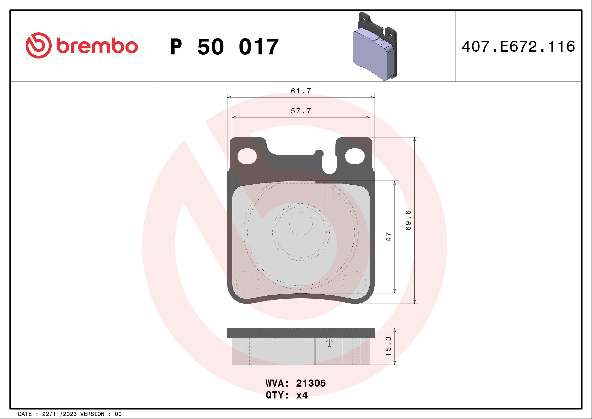 Jogo de 4 pastilhas de travão BREMBO ref. P 50 017