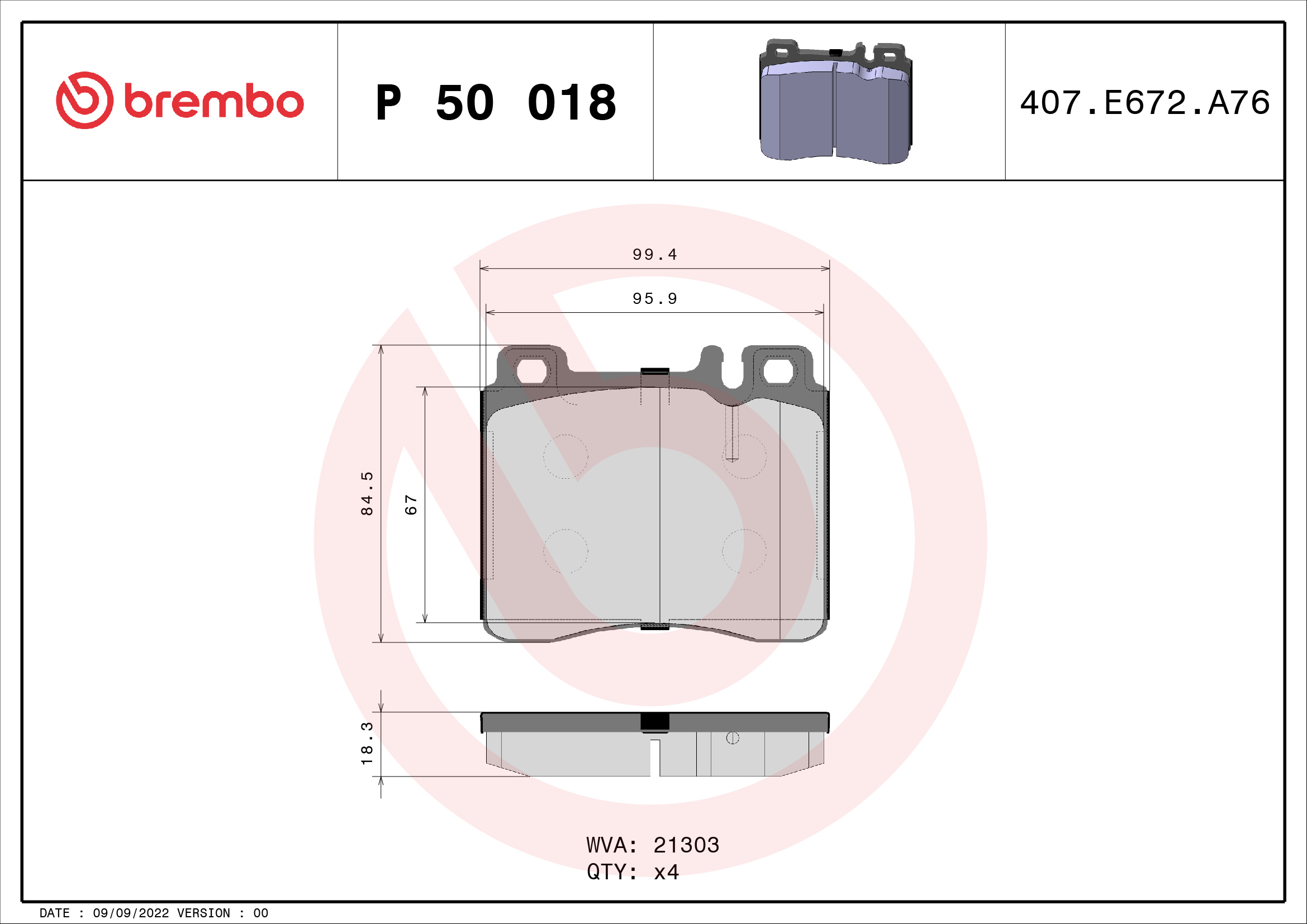 Jeu de 4 plaquettes de frein BREMBO ref. P 50 018