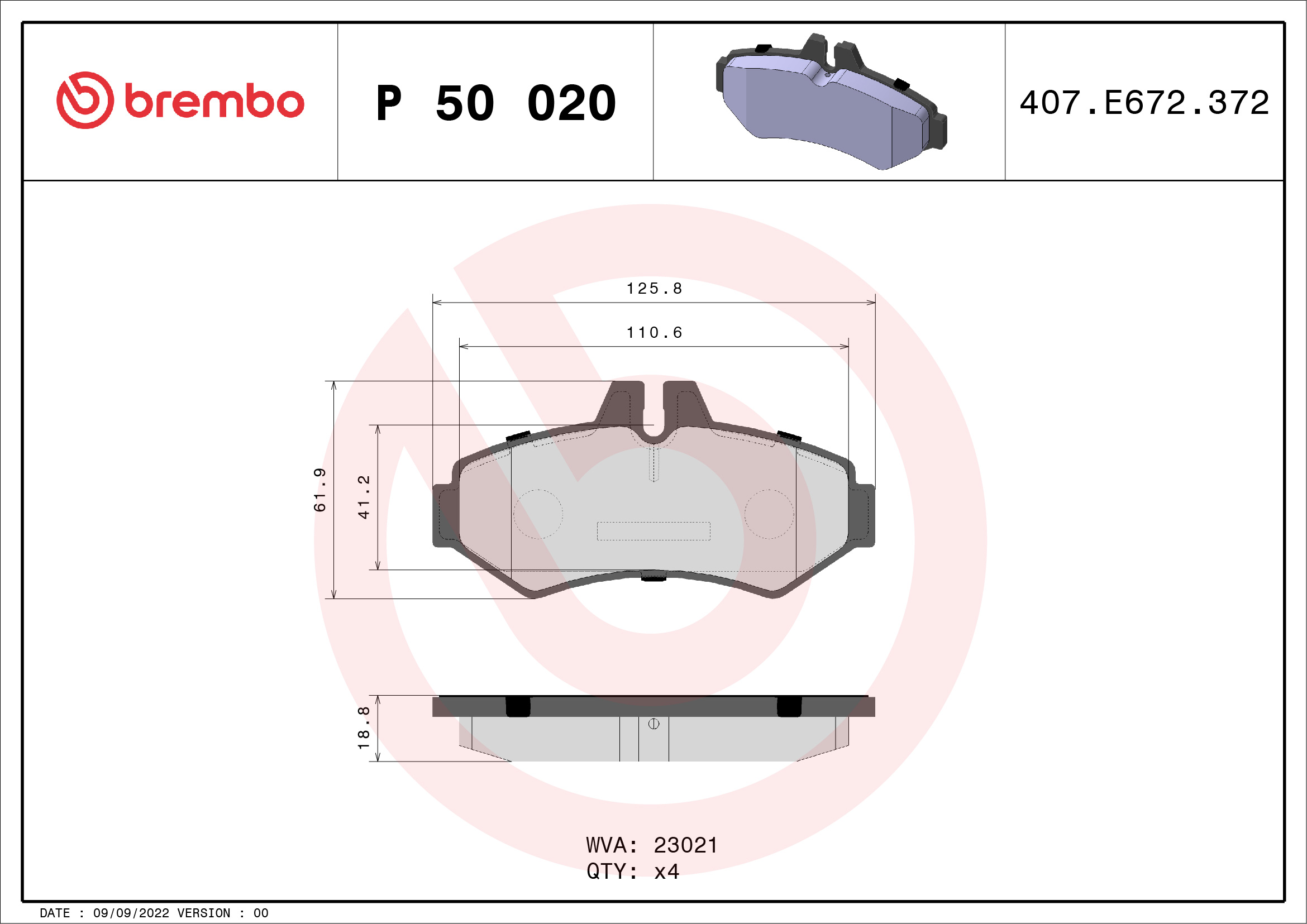 Jogo de 4 pastilhas de travão BREMBO ref. P 50 020