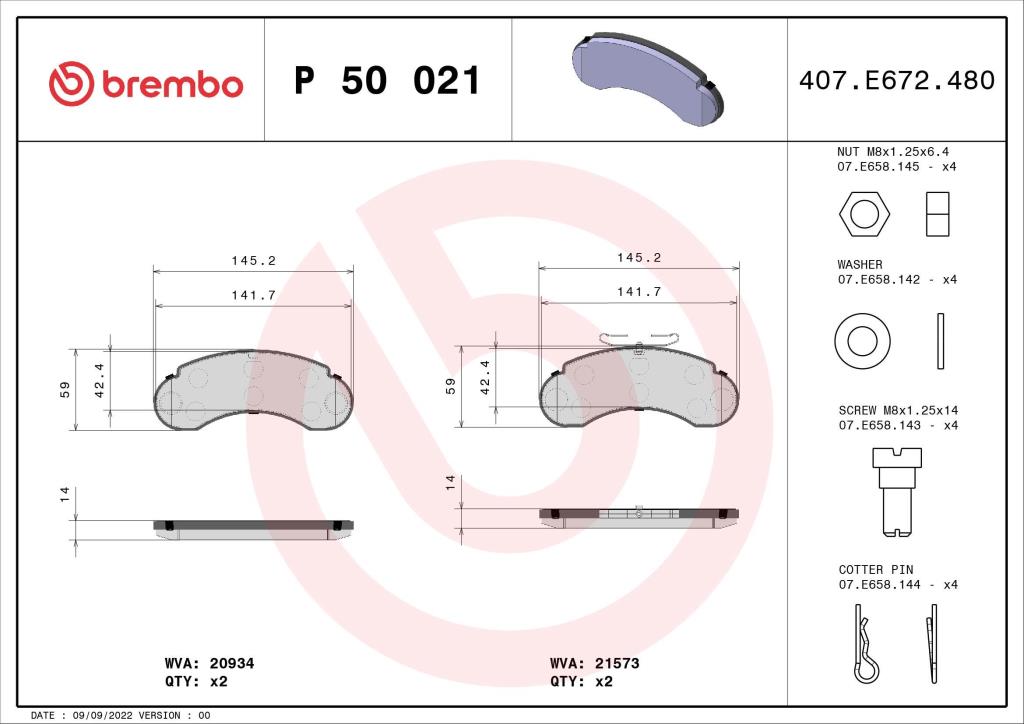 Jogo de 4 pastilhas de travão BREMBO ref. P 50 021