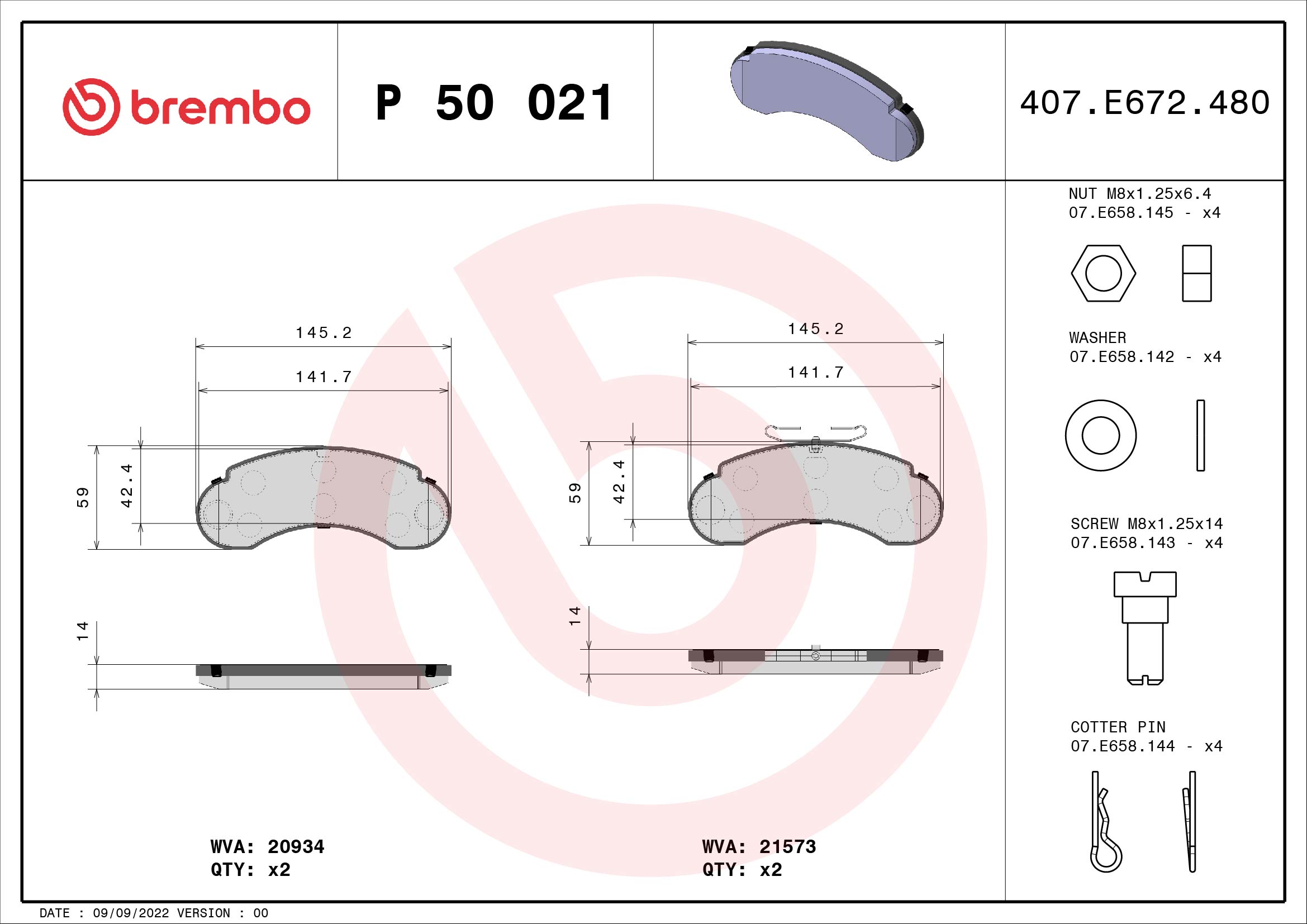 Jogo de 4 pastilhas de travão BREMBO ref. P 50 021
