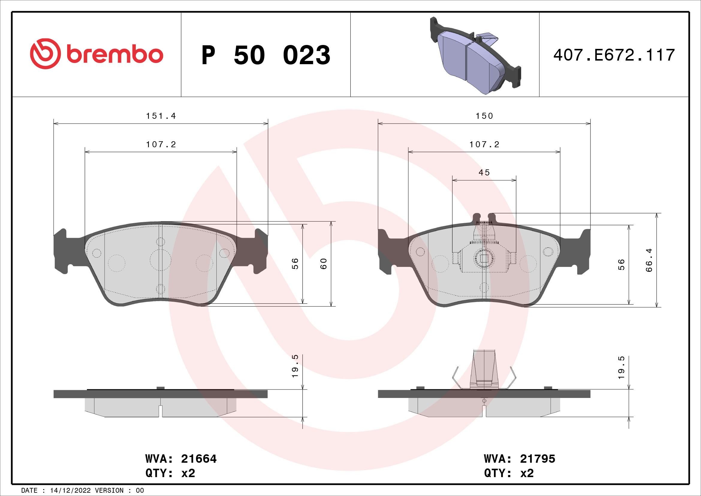 Jogo de 4 pastilhas de travão BREMBO ref. P 50 023