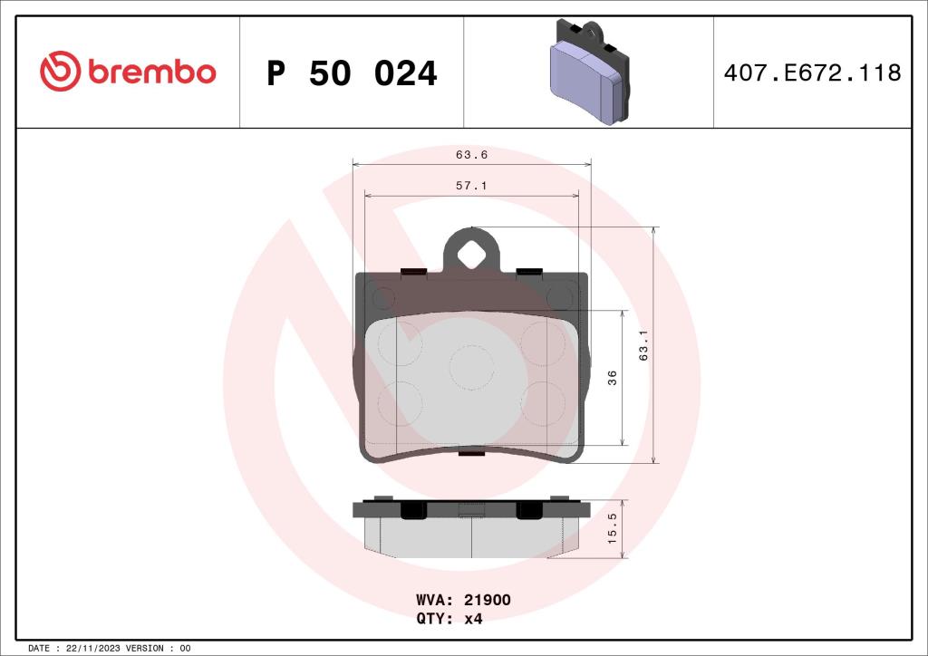 Jogo de 4 pastilhas de travão BREMBO ref. P 50 024