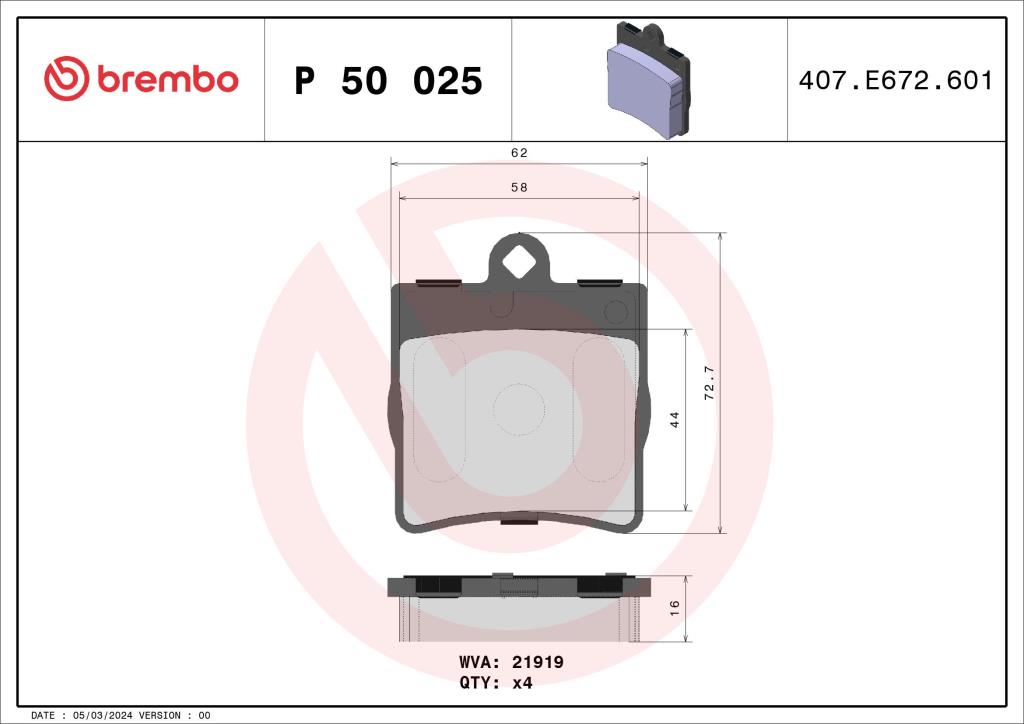 Jogo de 4 pastilhas de travão BREMBO ref. P 50 025