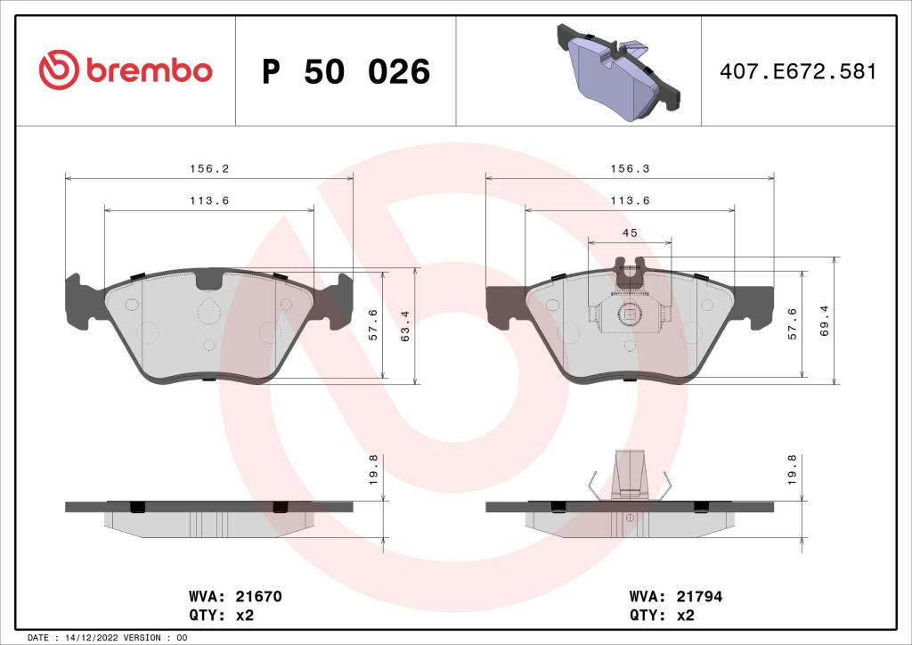 Jogo de 4 pastilhas de travão BREMBO ref. P 50 026