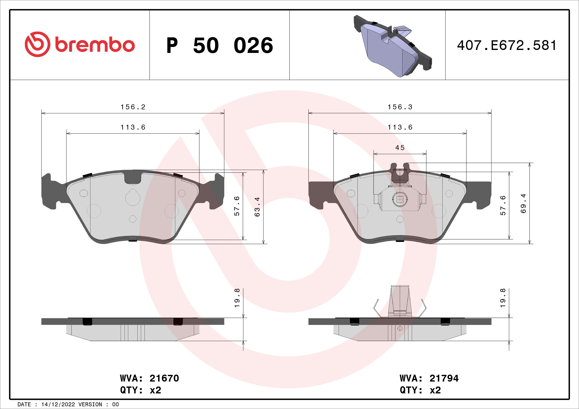 Jogo de 4 pastilhas de travão BREMBO ref. P 50 026