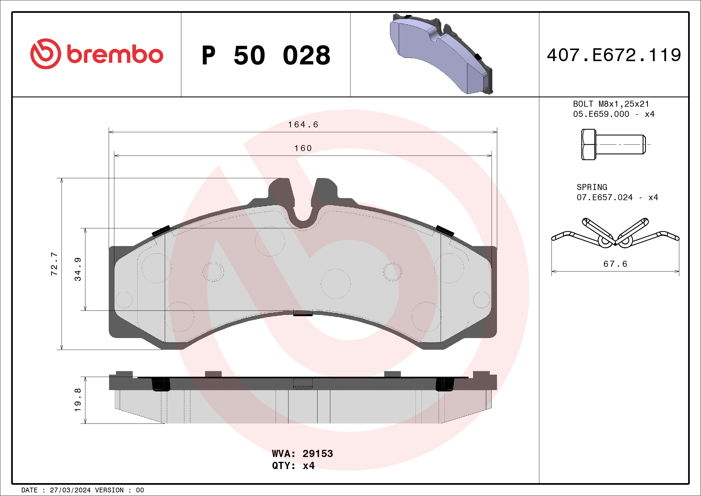 Jogo de 4 pastilhas de travão BREMBO ref. P 50 028