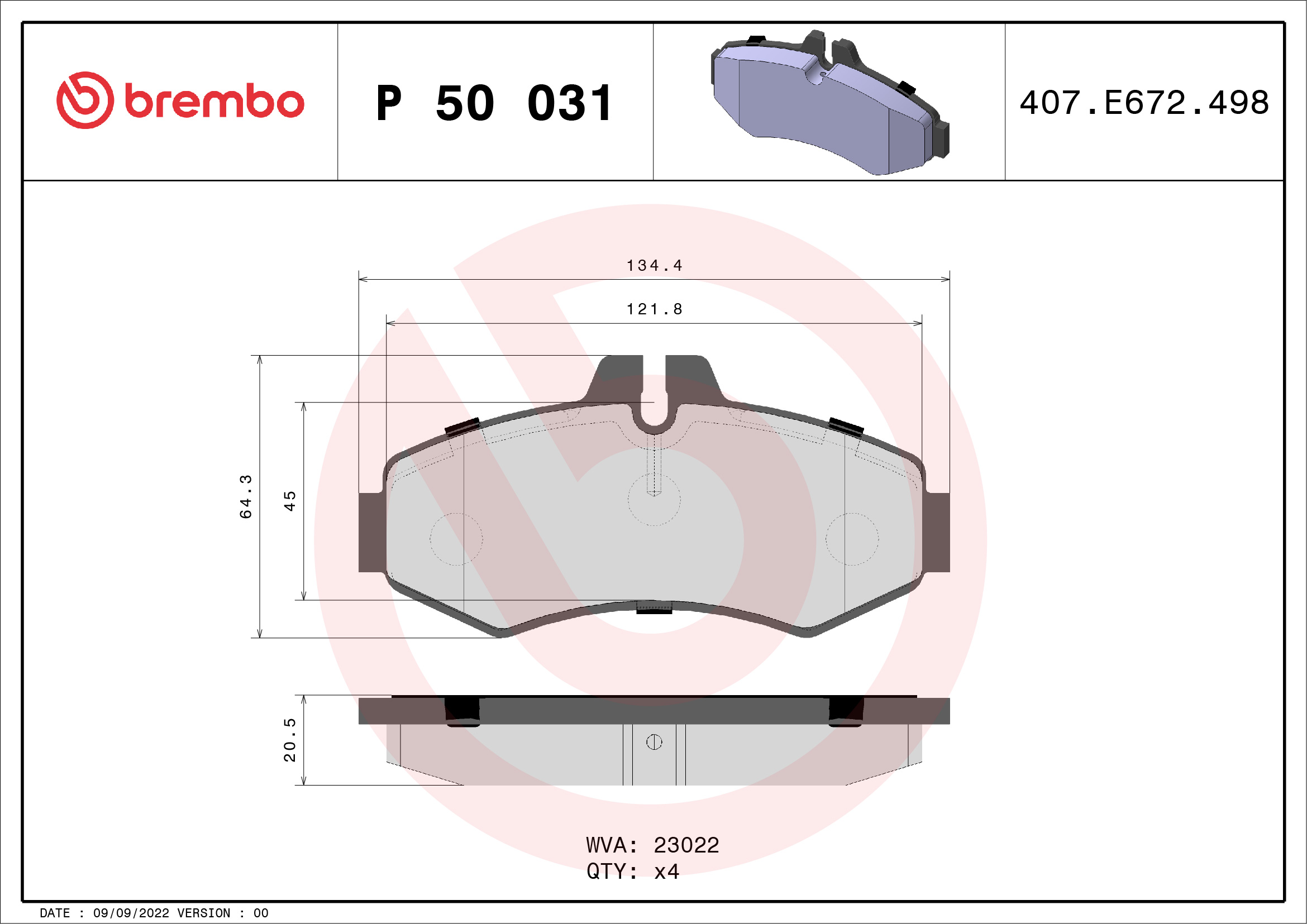 Jogo de 4 pastilhas de travão BREMBO ref. P 50 031