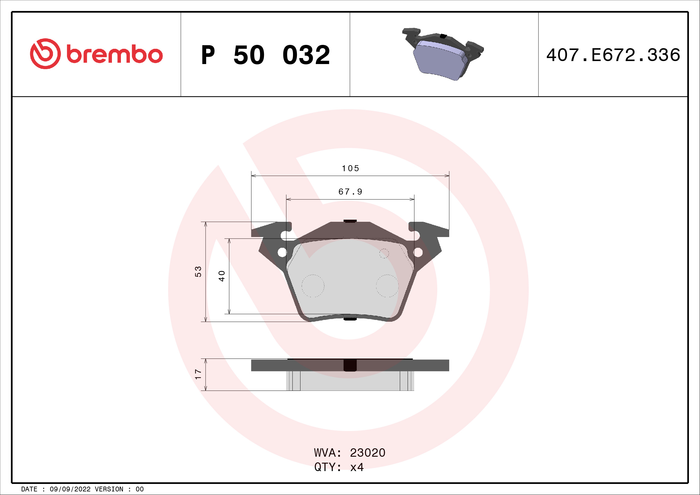 Jeu de 4 plaquettes de frein BREMBO ref. P 50 032