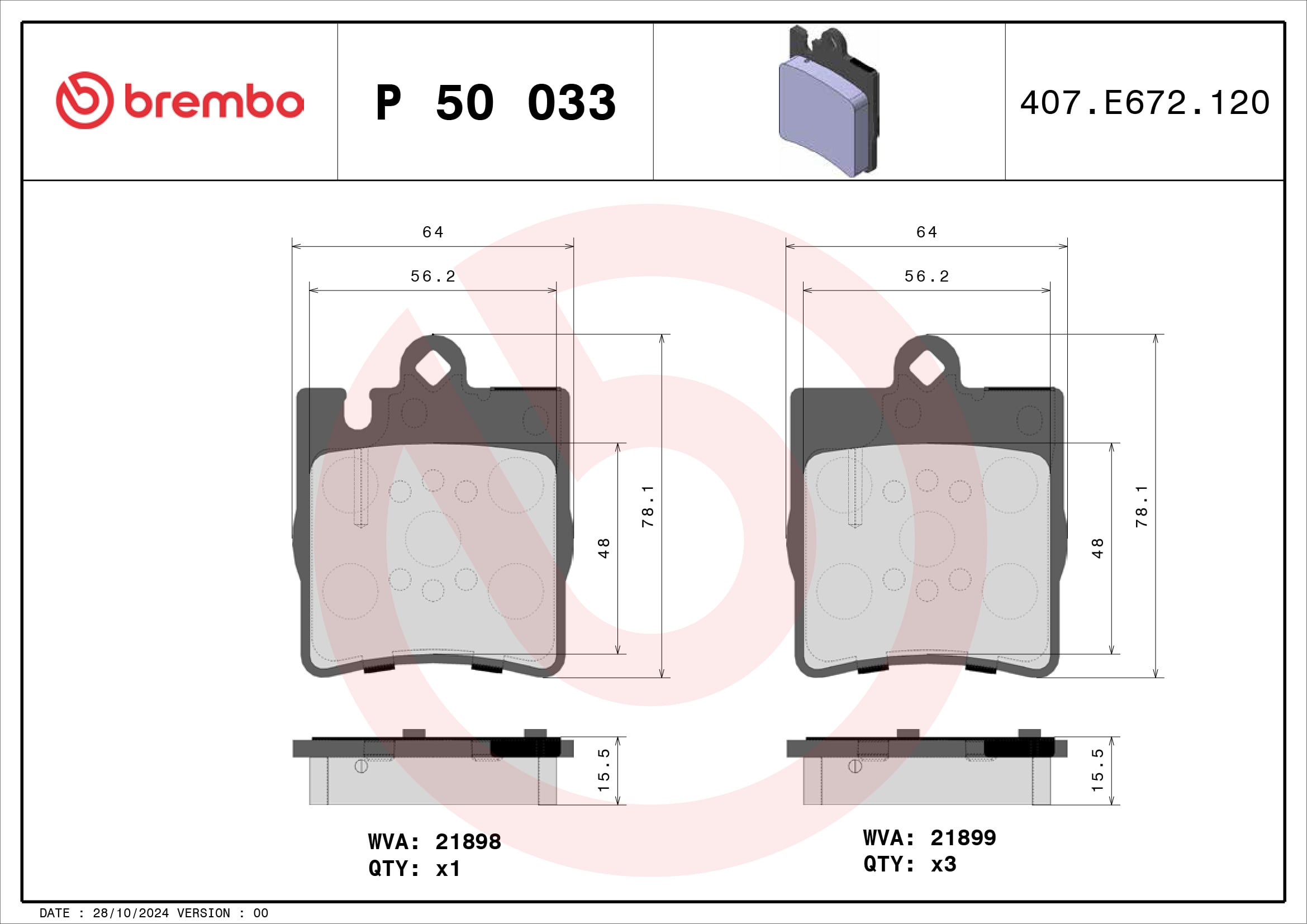 Jogo de 4 pastilhas de travão BREMBO ref. P 50 033