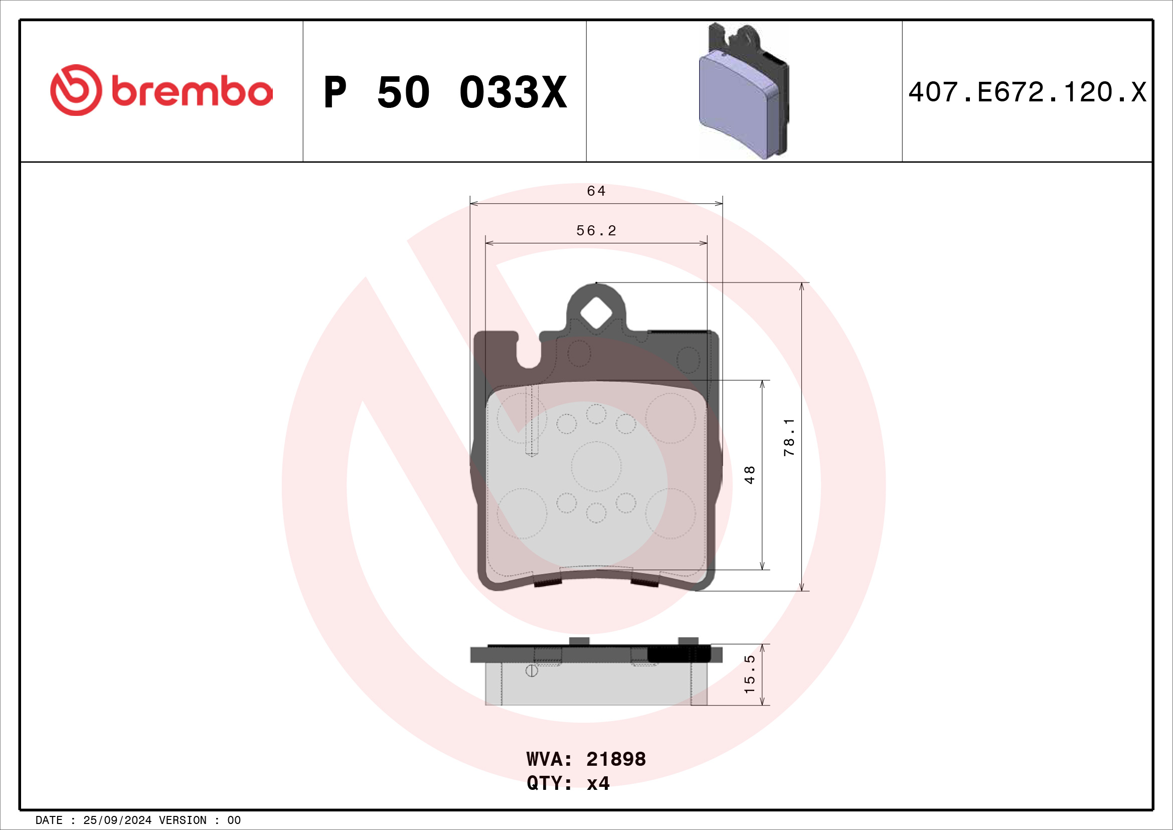 Jogo de 4 pastilhas de travão BREMBO ref. P 50 033X