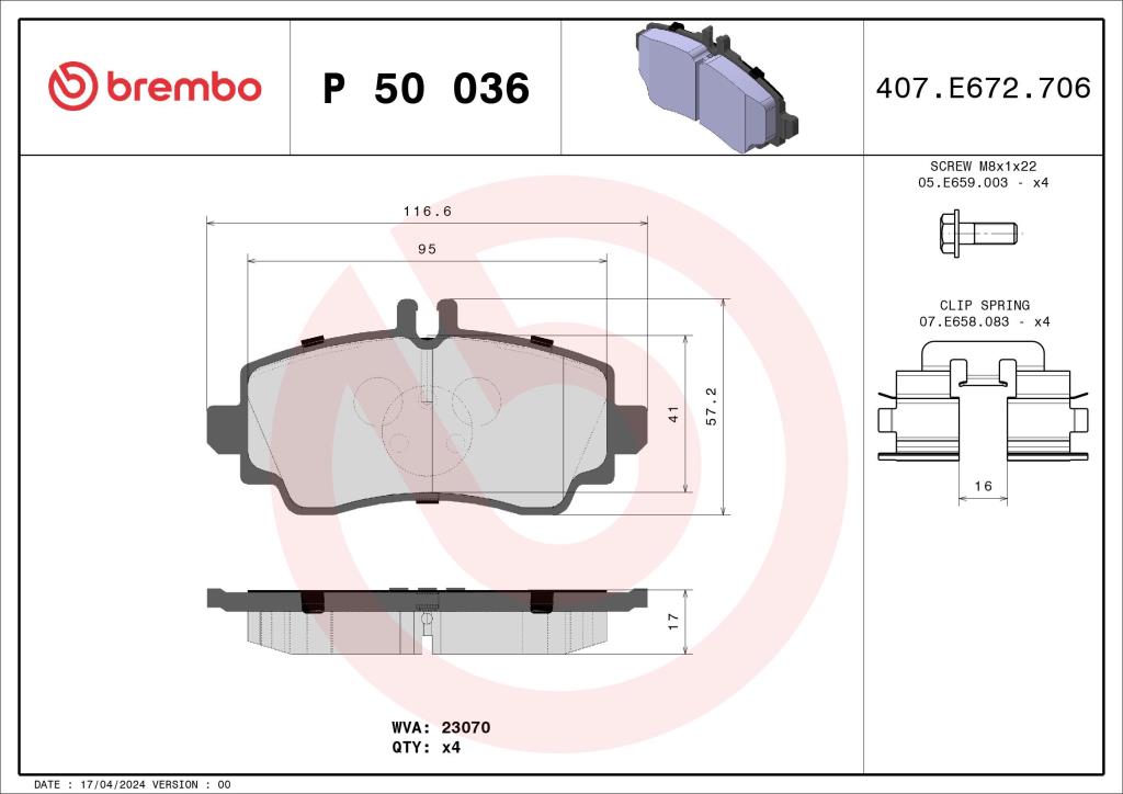 Jeu de 4 plaquettes de frein BREMBO ref. P 50 036