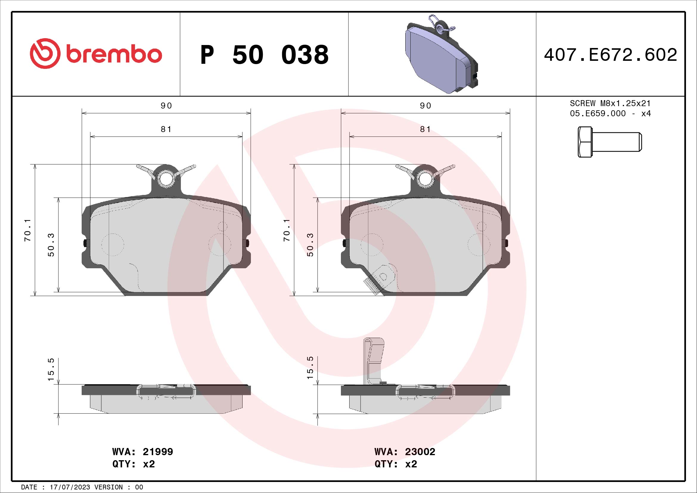Jogo de 4 pastilhas de travão BREMBO ref. P 50 038