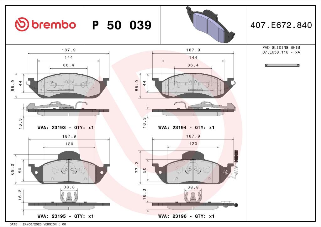 Jogo de 4 pastilhas de travão BREMBO ref. P 50 039