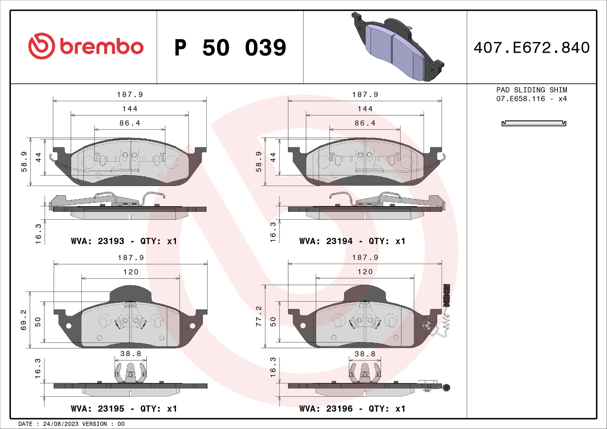 Jogo de 4 pastilhas de travão BREMBO ref. P 50 039