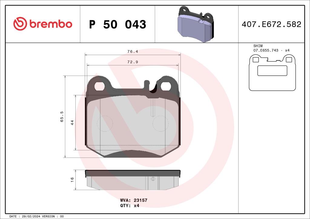 Jogo de 4 pastilhas de travão BREMBO ref. P 50 043