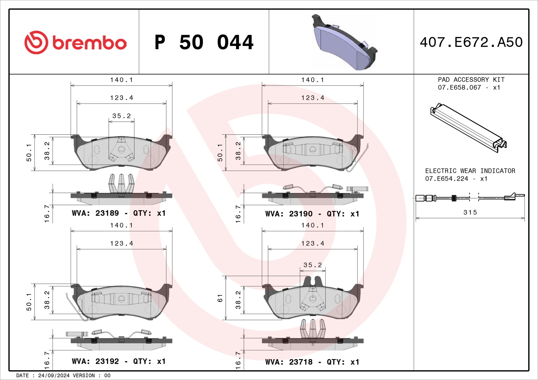 Jeu de 4 plaquettes de frein BREMBO ref. P 50 044