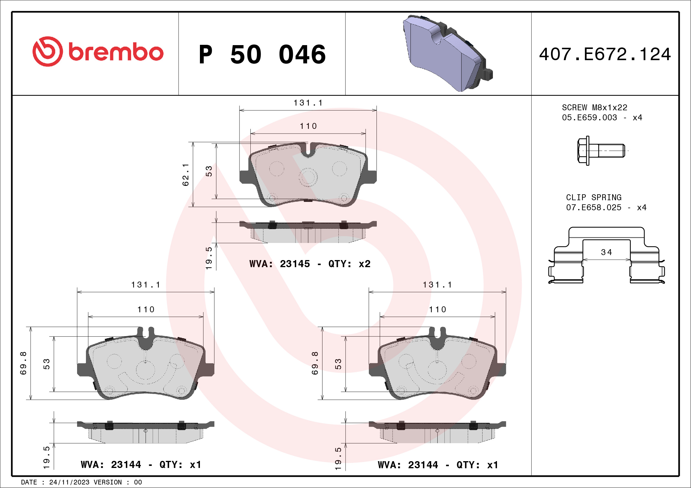 Jogo de 4 pastilhas de travão BREMBO ref. P 50 046