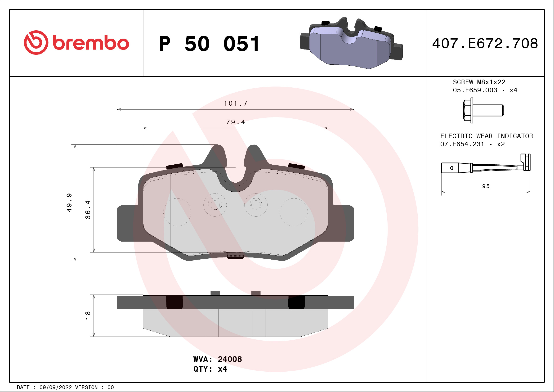 Jeu de 4 plaquettes de frein BREMBO ref. P 50 051