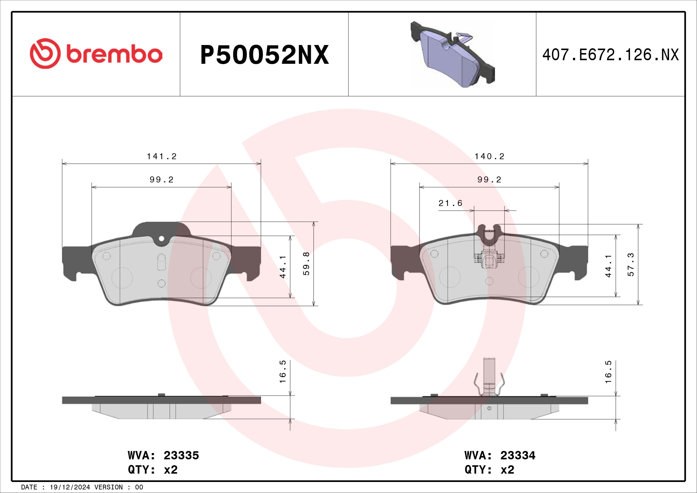 Jeu de 4 plaquettes de frein BREMBO P50052NX