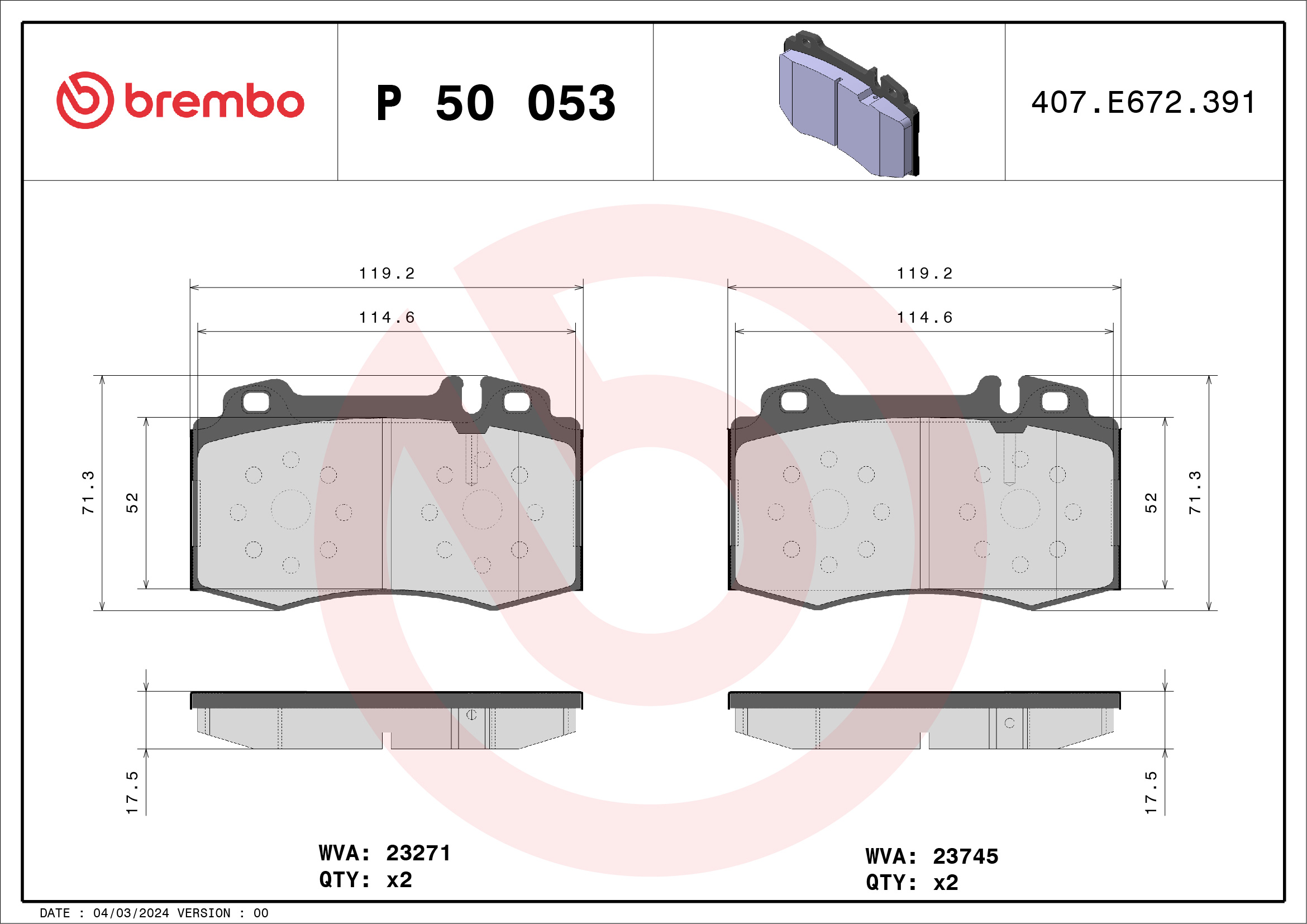 Jogo de 4 pastilhas de travão BREMBO ref. P 50 053
