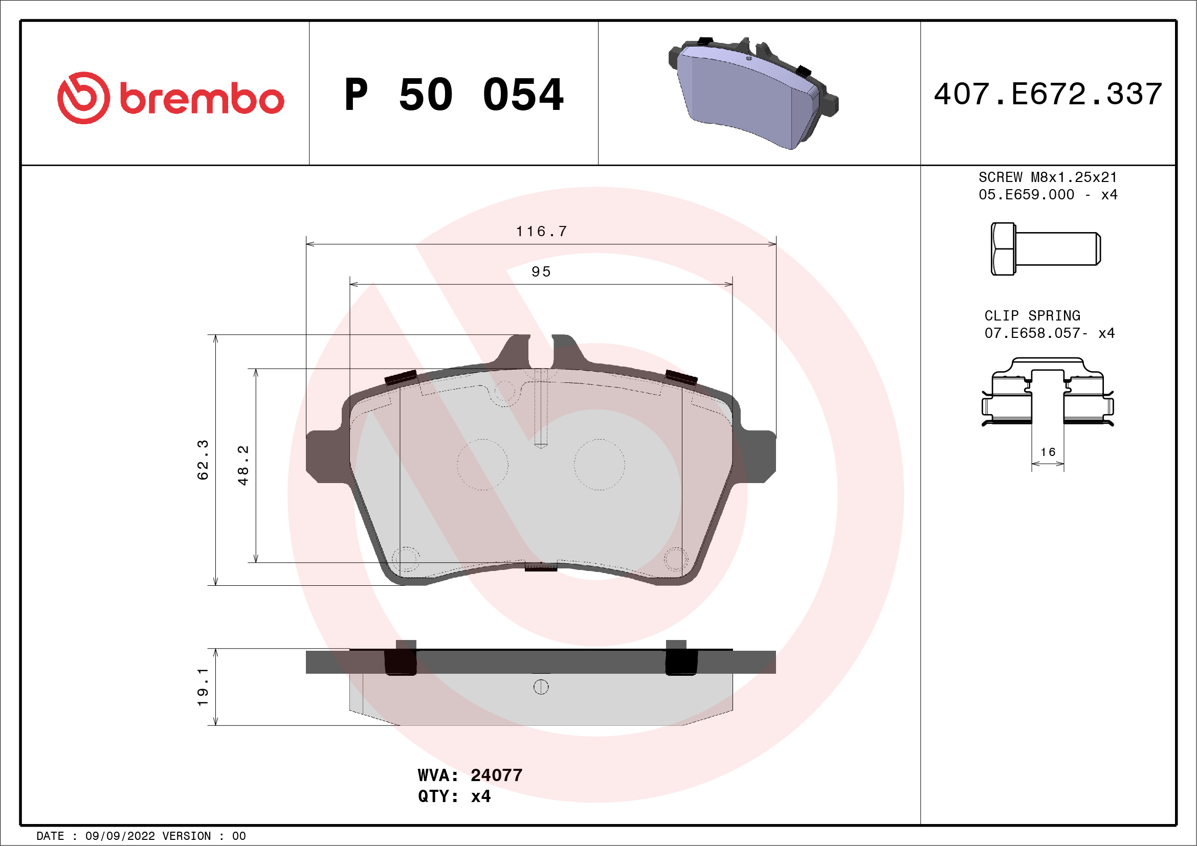 Jogo de 4 pastilhas de travão BREMBO ref. P 50 054